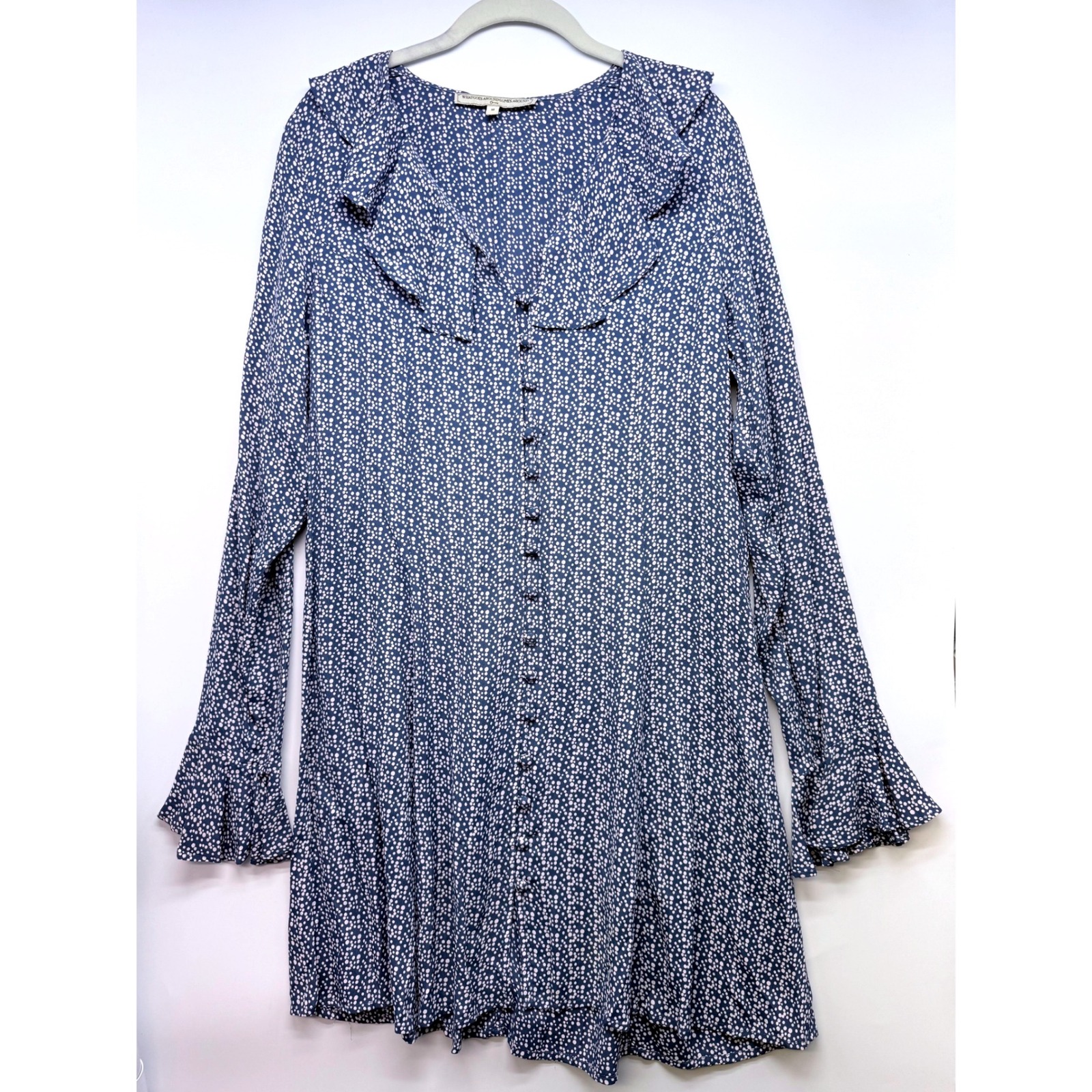 Blue Pink Polka Dot Ruffle Mini Dress Sz M Boho Coquette Softgirl Prariecore